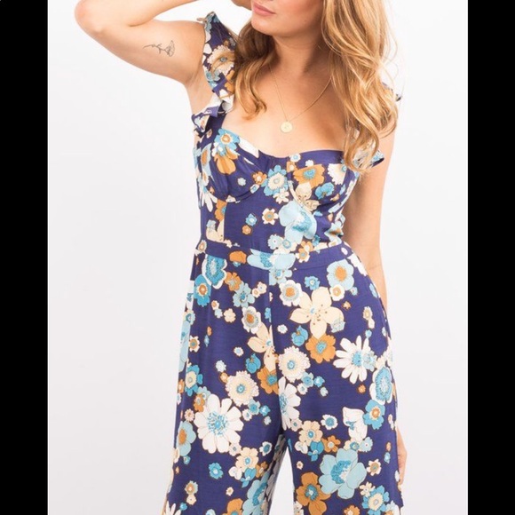 For Love And Lemons Magnolia 60s 70s Floral Ruffle Jumpsuit Flower Power M - Picture 3 of 7